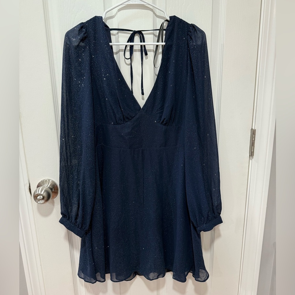 B Darlin Sparkling Midnight Blue Long Sleeve Dress
